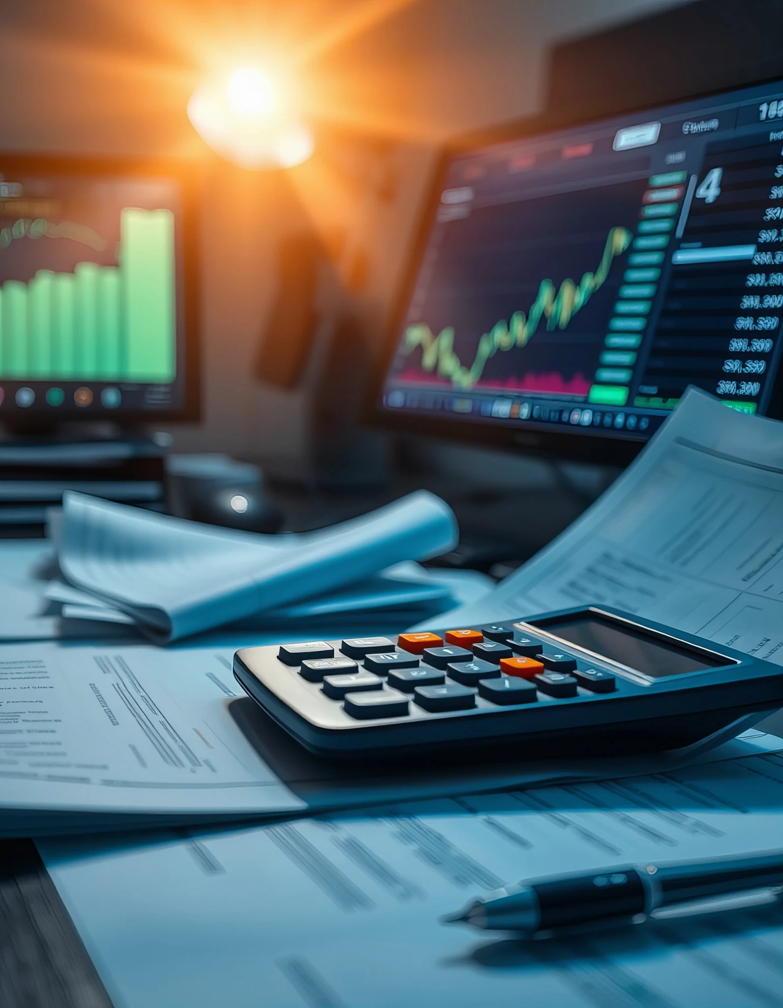 Mesa com calculadora, relatórios financeiros e telas com gráficos